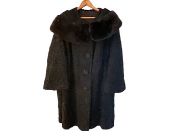 Vintage Black Persian Lamb Fur Coat With Mink Collar