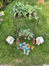 Iron Table, 2 Shelf, W/faux Plants, Bridhouses, And Butterflies