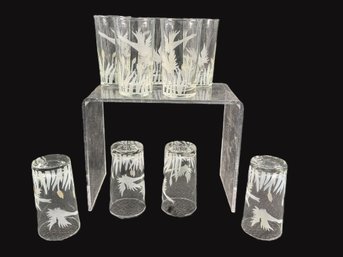 Lovely Set Of Nine Frosted Libbey 5' Drinking Glasses Adorned With Frosted Flying Geese And Pink Pussy Willows