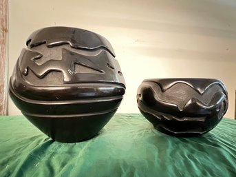 2 Black Clay Vases