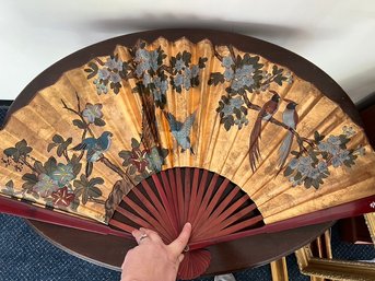 Vintage Asian Large Decorative Fan- Hand Painted Birds On A Tree