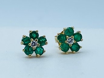 Vibrant 14k Yellow Gold Diamond & Emerald Stud Earrings