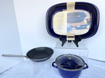 Cobalt Blue Chantal Lot: Sauce Pot, Small Skillet, New Large Oval Baker