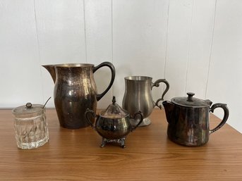 Silver Plated Pitcher, Teapot, Sugar Bowl, Lidded Condiment Jar & Pewter Mug