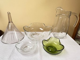 Glass Lot, Bowls W/1 Green, Glass Funnel, Glass Pitcher