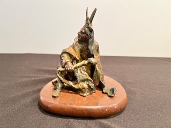 Vintage American Indian Polychrome Bronze By  Carl Kauba Mounted On Marble And Signed