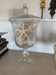 Large Decorative Glass Lidded Jar With Starfish Shells