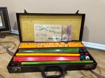 Vintage Black Leather Cased Mahjong Set, Complete