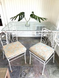 White Wrought Iron Glass Top Garden Table With Two Chairs