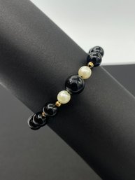 Black Onyx & White Pearl Ascending 14k Yellow Gold Bracelet