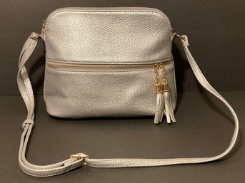 Silver Metallic Pebbled Leather Crossbody Handbag, Tassels