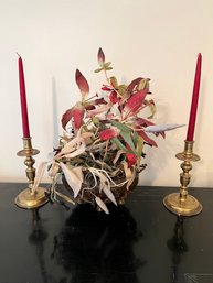 Brass Candlesticks, With Brass Flower Pot, With Floral Arrangement, LOOK At The Flowerpot, Quite The Stunner!