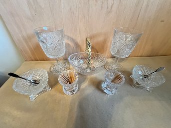 Clear Crystal Serving Accessory Pieces, Master Salt, Toothpicks, Basket, 2 Wine Stems