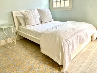 IKEA White Full Size Platform Bed, Linens & Side Table