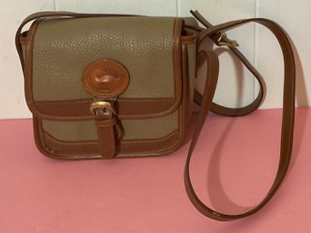 Dooney & Bourke Camel & Brown Leather Trim Petite Crossbody Handbag.