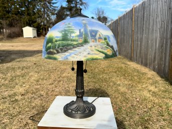 A Thomas Kincaid Light In The Storm Reverse Painted Lamp