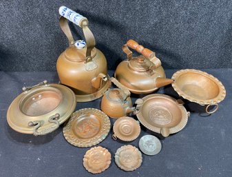 Vintage Collection Of Chilean Made Copper Kettles, Plates, Ashtrays