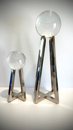 Modern Crystal Gazing Ball And Chrome Metal Frame Sculptures