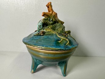 Footed Porcelain Art Pottery Dragon Atop Incense Burner