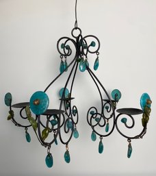 Iron Candelabra Chandelier With Blue And Green Glass