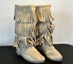 Minnetonka Bone Suede Fringed Boots, Size 7