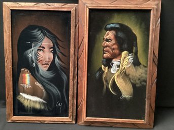 Pair Native American Portraits Painted On Black Velvet Framed Vintage