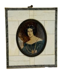 Signed Miniature Portrait Framed In Ivory, Mother Of Pearl And Brass