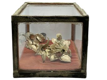 Diminutive Antique Doll & Silver Rose Diorama In Glass Case On Velvet