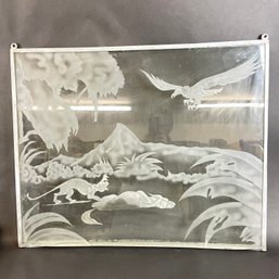 Antique Etched Glass Panel With Jaguar, Water Buffalo, Vulture