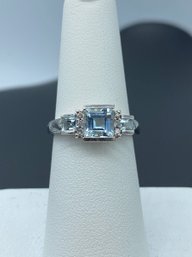 Glamorous 3 Stone Aquamarine & Diamond 14k White Gold Ring