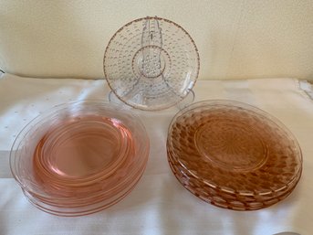 Vintage Pink Depression Glass Hobnail And Cubist Pattern Plates