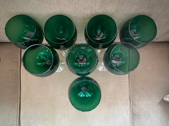 Eight Lenox Hunter Green And Clear Stemmed Wine Goblets