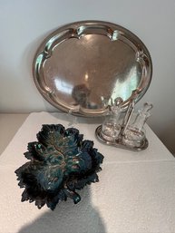 Chrome And Crystal, Oil & Vinegar Set With Carrier, Serving Platter, Silver Plate Leaf Serving Dish