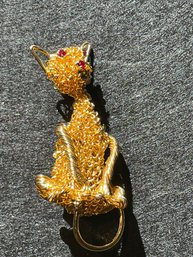 Golden Cat Pin. Intricately Made With Spun Metals And Red Stone Eyes
