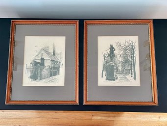 Pair Of Custom Framed Lithograph Etchings Of Boston Old North Church & Paul Revere's House