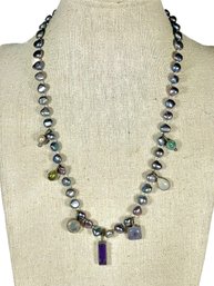 Fine Genuine Pearl And Amethyst Gemstone Sterling Silver Necklace