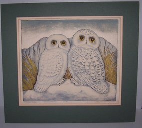 Virginia Ward  Snowy Mates Owl Print  Linocut 4 Of 50 Limited Edition