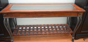 Beautiful Wood Frame, Glass Top & Leather  Sofa Table/ Credenza With Woven Leather Bottom Shelf