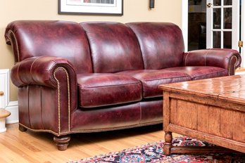 Elegant Hancock & Moore Burgundy Rolled Arm Couch With Nailhead Trim.