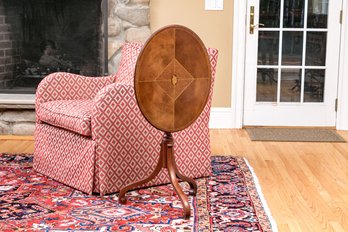 Baker Furniture Tea Table With Marquetry Inlay On Tripod Scrolled Legs With A Barley Twist Standard