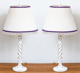 Pair Of Wooden Barley Twist White Painted Lamps