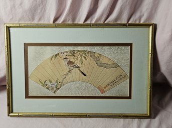 Lovely Asian Print Of Decorative Fan With Bamboo Styled Gold Frame