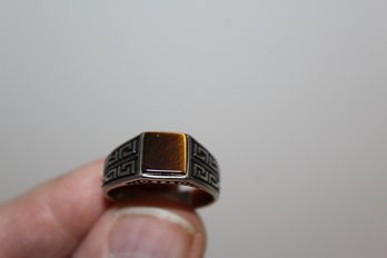 Mens Size 11 Sterling Silver Ring With Tigers Eye - Greek Hex Key Design