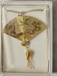 Lovely Vintage Gold Tone Asian Fan Necklace