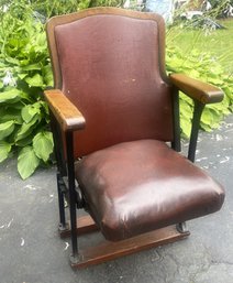 1920's Wrought Iron Theater Seat With Padded Leather & Wooden Arm Rests- V1, 52R Stamped On Side Rail