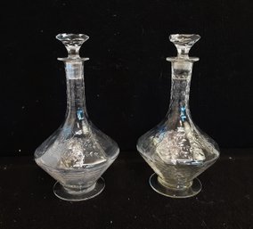 Vintage Pair Of 11' Floral Etched Glass Decanters With Stoppers