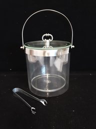 Clear Glass And Chrome Lidded Ice Bucket With Handle & Tongs