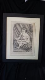 ANTIQUE ORIGINAL GRAPHITE ART OF YOUNG CHILD STUDYING ABC'S FRAMED