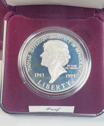 1993 Thomas Jefferson Silver  Proof Commemorative Dollar US Mint Original Packaging And COA