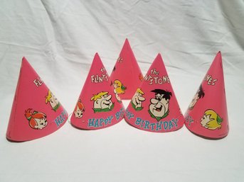 Vintage Birthday Party Hats 5 Pieces - Flintstones In Original Bag.